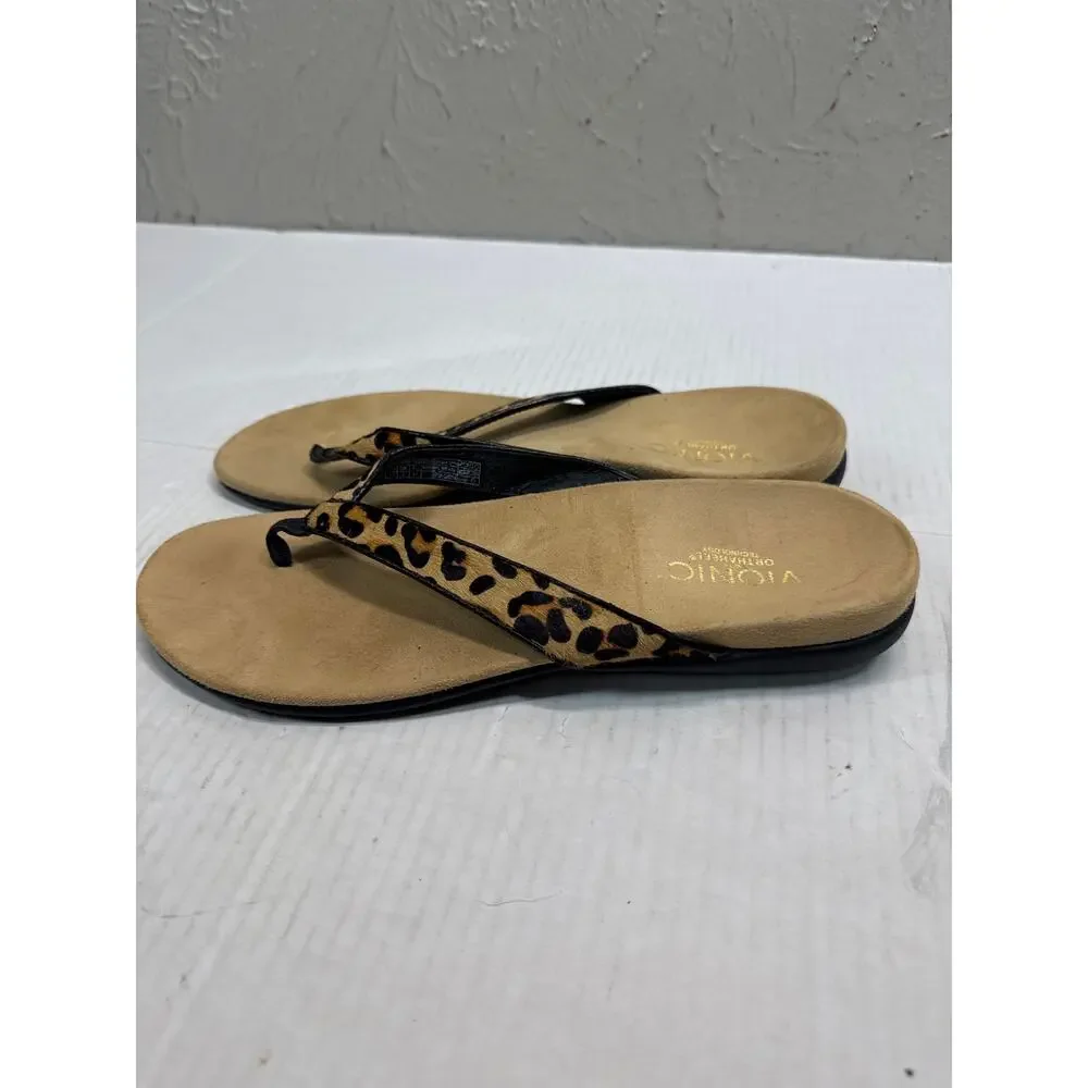 Vionic Selena Orthaheel Leopard Print Leather‎ Calf Hair Flip Flop Sandals Sz 10